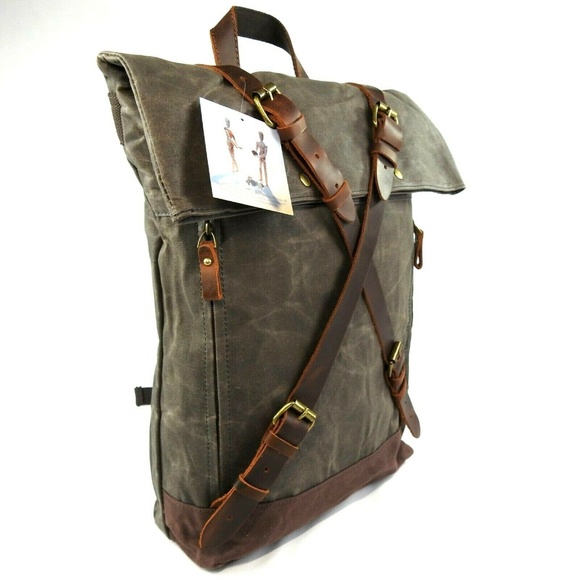Waxed Canvas With Leather Trim Roll Top Backpack - Picture 3 of 8